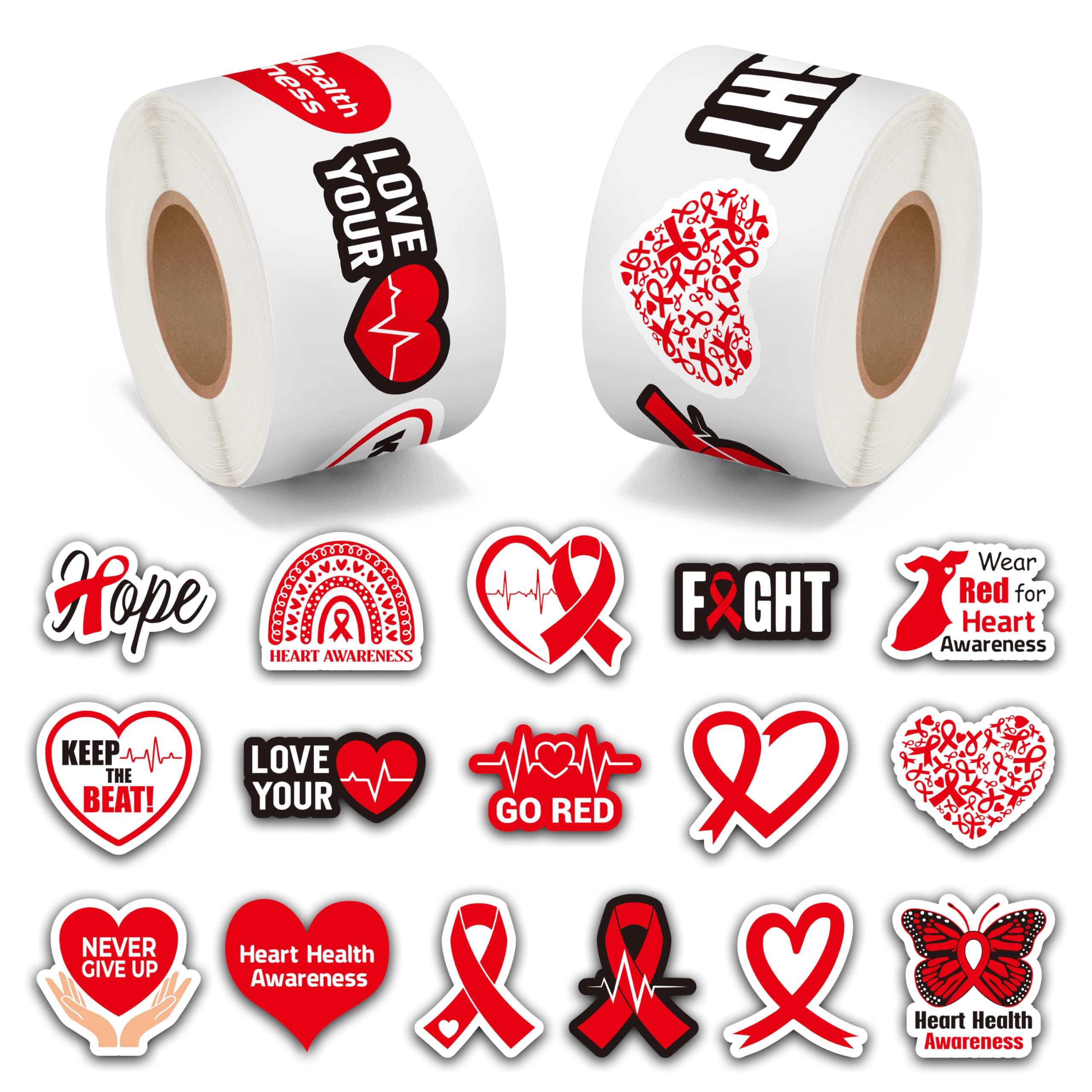 BeYumi Heart Health Awareness Stickers - 1000Pcs Heart Health Awareness Stickers in 2 Rolls Waterproof Vinyl Red Ribbon Decals School Event Campaign Laptop Bottle Luggage Decor