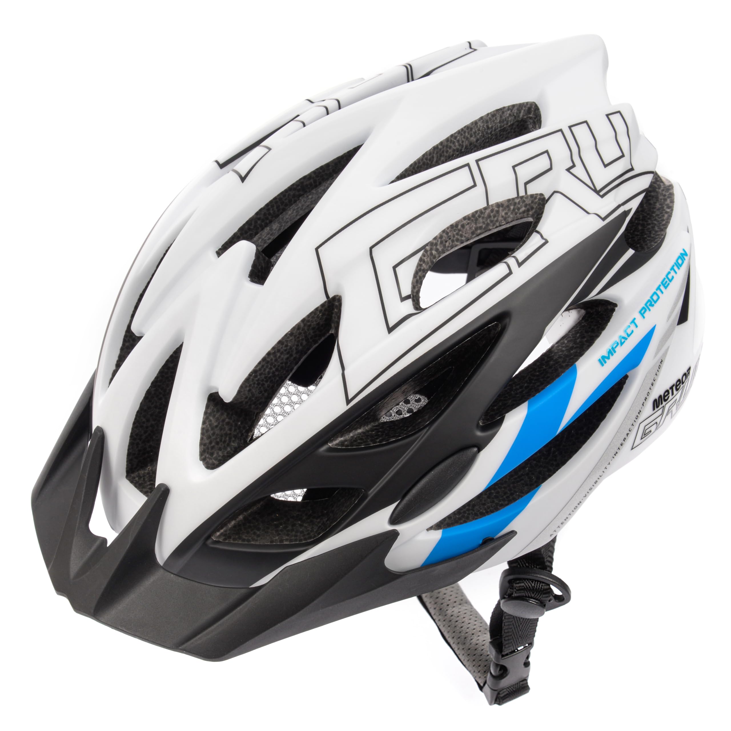 Meteor GRUVER Cycle Helmet – Lightweight Adjustable Helmet for Men, Women, Kids – MTB, Bike, Skateboard, Scooter & Hoverboard – Detachable Visor - L (58-61 cm, 22.8-24 inch) - White/Black/Blue