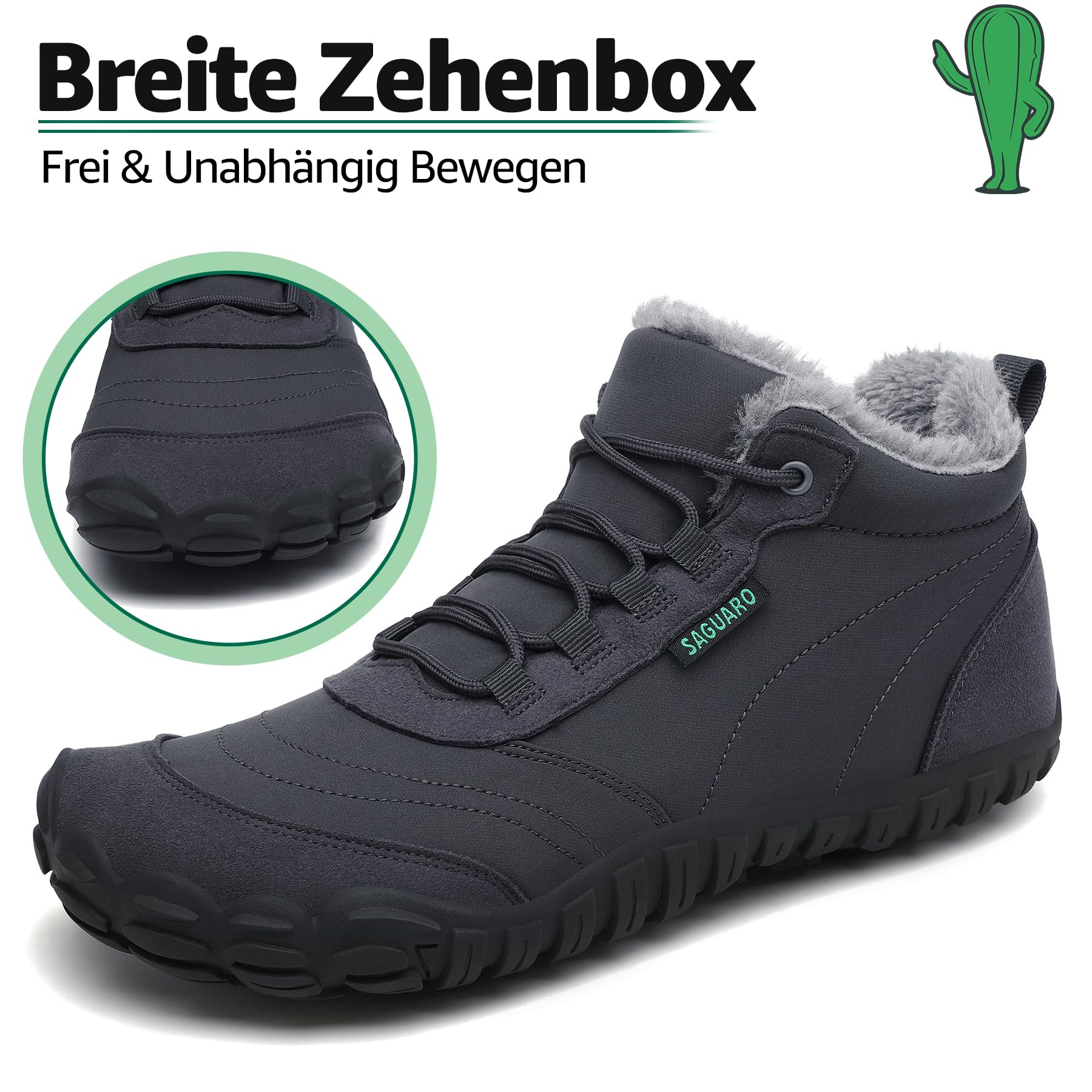 SAGUARO Barfußschuhe Winter Herren Winterschuhe Damen Gefüttert Winterstiefel Warm Barfusschuhe Wasserabweisend Schneestiefel Outdoor Winterboots Dunkelgrau,EU GR.41 2
