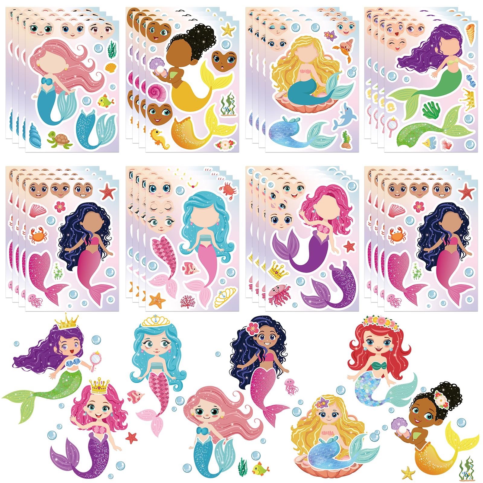 Photo 1 of 32 Sheets Make Your Mermaid Stickers, Creative Fun Mermaid Game Sticker Kits for Kids Birthday Party Favors, DIY Art Crafts Supplies