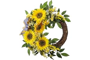 WANNA-CUL 18 Inch Spring Wreaths for Front Door with Yellow Sunflowers,Summer Door Wreath with Daisy and Linen Ribbon,Valentines Day Wreath,Mothers Day Wreath for Wall or Home Decoration