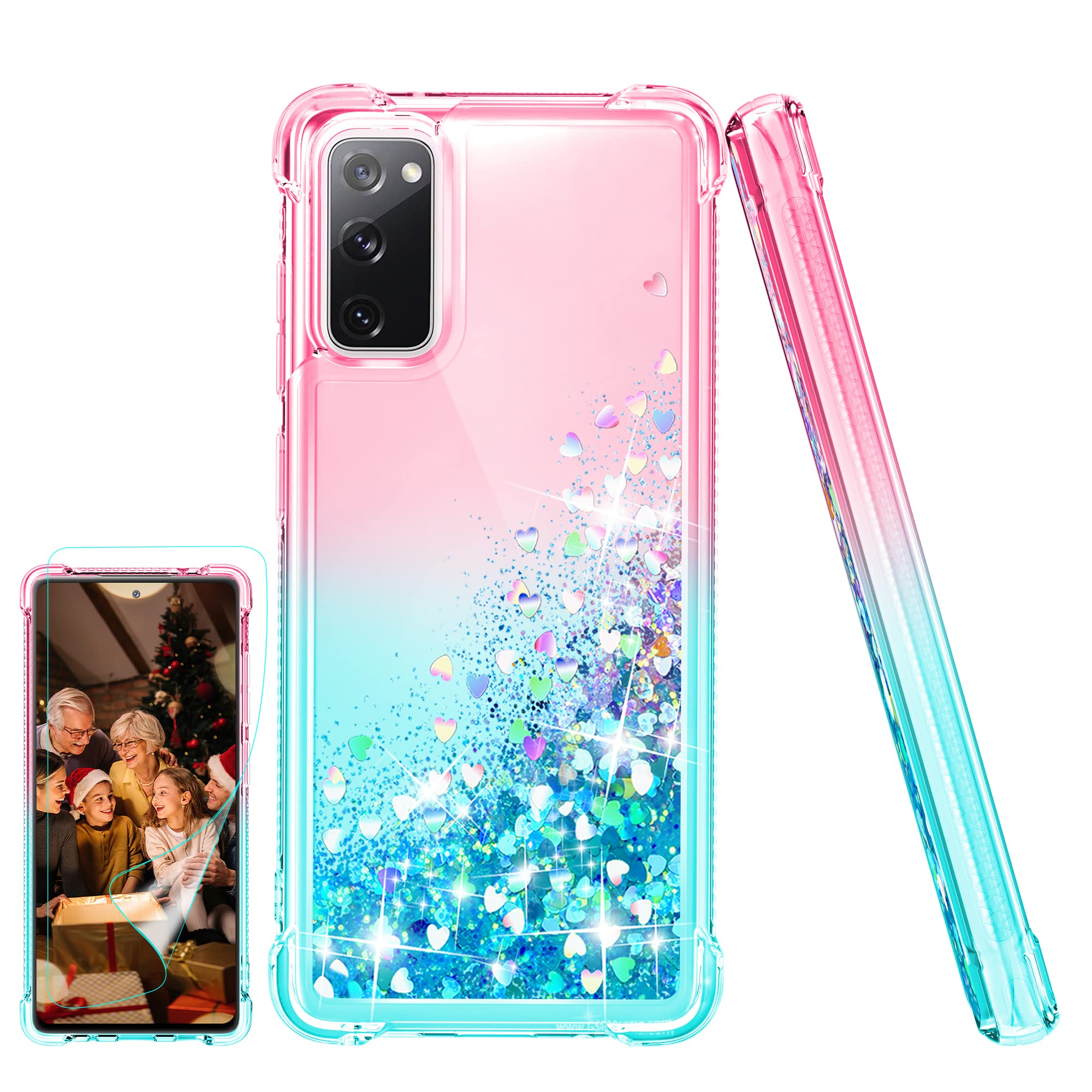 Pilaru for Samsung S20 FE Case 4G/ 5G [with Screen Protector] Clear Liquid Heart Glitter Soft TPU Bumper Cover Shockproof Transparent Girly Phone Case for Galaxy S20 FE,Pink/Teal