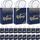 Kosiz 50 Sets Welcome Gift Bags Bulk with Handles and Tissue Paper Welcome to Our Church Kraft Paper Bags for Guests Hotel Wedding Church Visitors Birthday Party Supplies(Navy Blue)