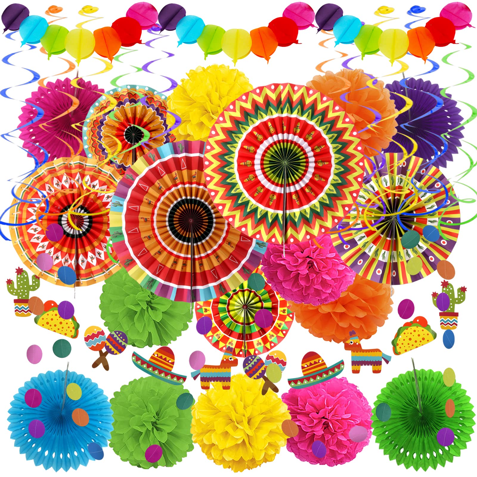 ZERODECO Fiesta Decorations, Mexican Multicolored Paper Fans, Pom Poms, Garlands, Hanging Swirls for Cinco De Mayo, Taco Themed Party, Birthday Supplies