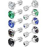 FIBO STEEL 5 Pairs Titanium Screw Back Surgical Stainless Steel Stud Earrings for Women Men, Rainbow 5A Cubic Zirconia Sleep Hypoallergenic Stud for Sensitive Ears