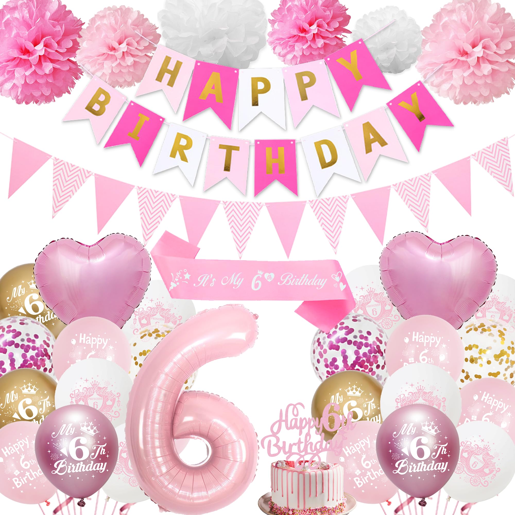 6th Birthday Decorations for Girls Pink - Happy 6th Birthday Party Number 6 Balloon Latex Balloons Banner Pennant, Cake Topper Sash Tissue Paper Pom Poms for 6-Year-Old Decoration Supplies — image 1