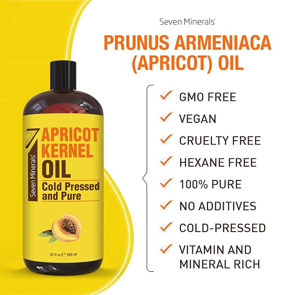 SEVEN MINERALS PURE COLD PRESSED APRICOT KERNEL OIL – BIG 32 FL OZ BOTTLE – NON-GMO, HEXANE FREE, NATURAL & LIGHTWEIGHT MOISTURIZER FOR ALL SKIN TYPES – PERFECT OIL FOR MASSAGE THERAPY & AROMATHERAPY