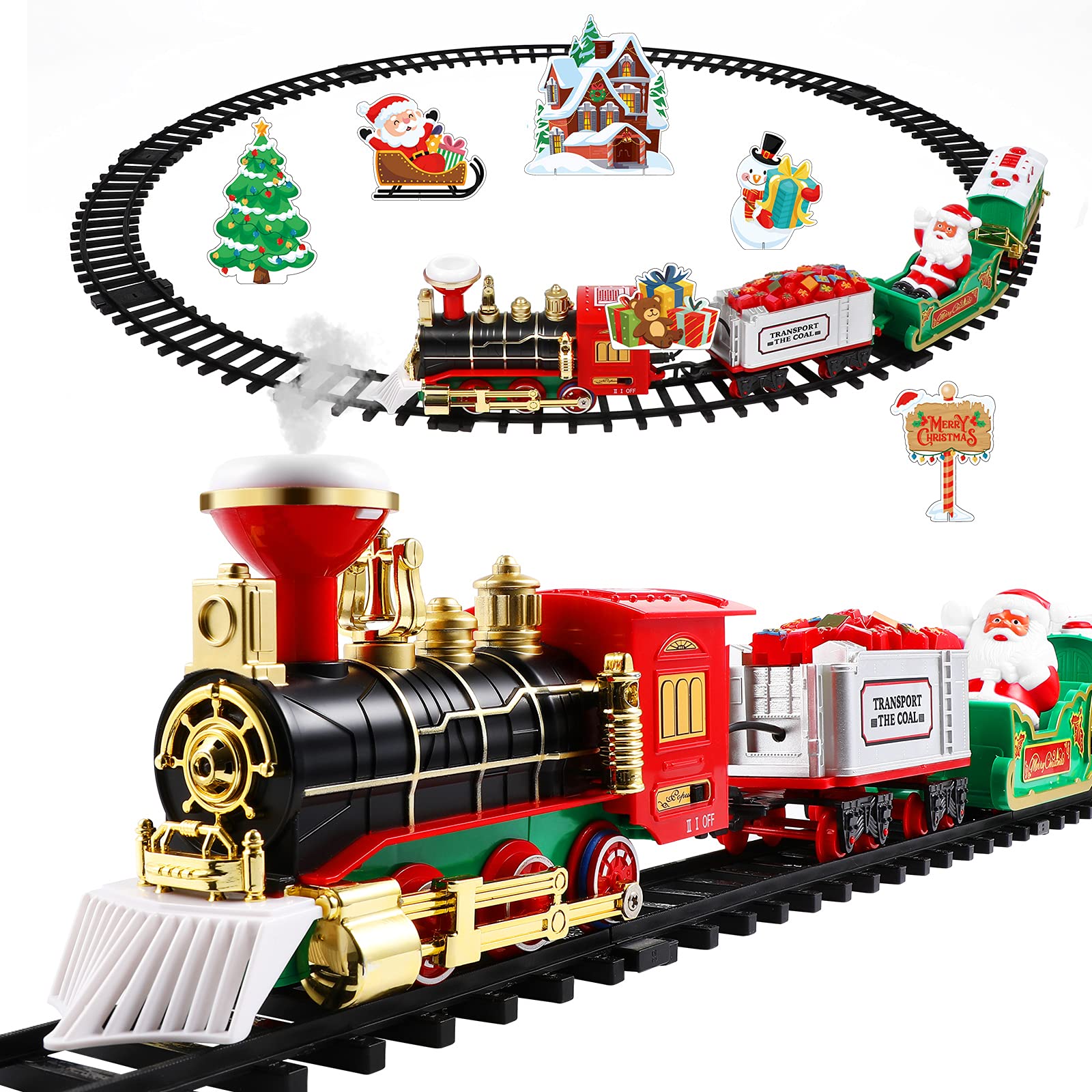 TOYANDONA Christmas Train Set, Locomotive Engine Toy Train Set Battery Powered Electric Railway with Lights and Sounds for Under Around the Tree,
