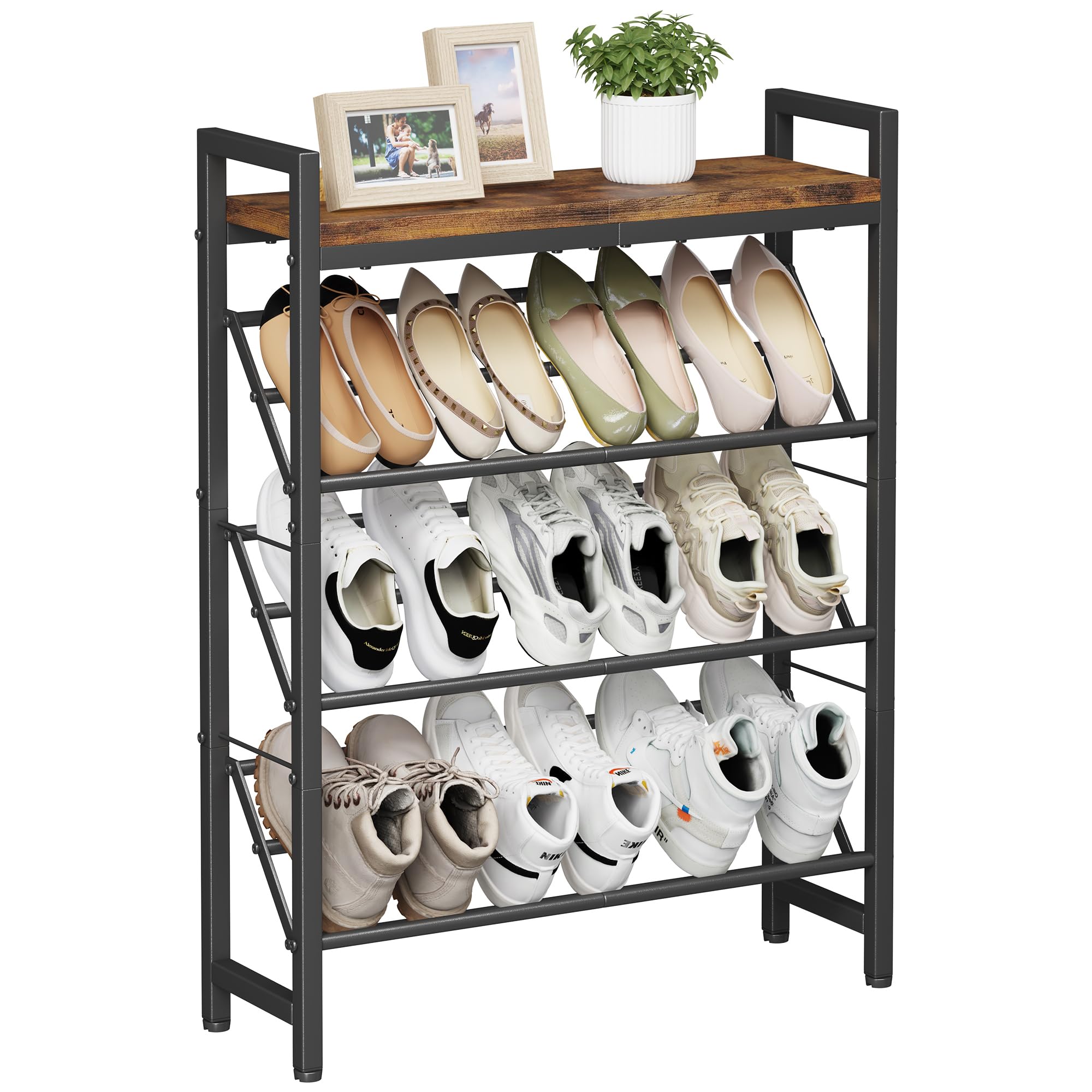 Photo 1 of Homeiju 4 Tier Narrow Shoe Rack, Storage, Metal Slim Shoe Rack, Free Standing Skinny Shoe Racks, Space Saving Shoe Rack Organizer for Entryway, Hallway, Bedroom, Living Room, Rustic Brown