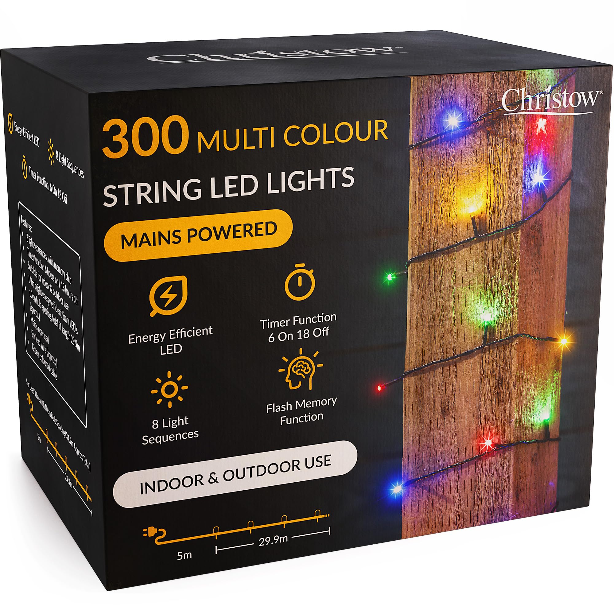 CHRISTOW Christmas Fairy Lights, Multi-Coloured LED String Lighting with Timer, Indoor & Outdoor, Tree Lights, Mains Operated, 8 Light Modes Flashing & Static, Green Cable (300 LED / 30m Lit Length)