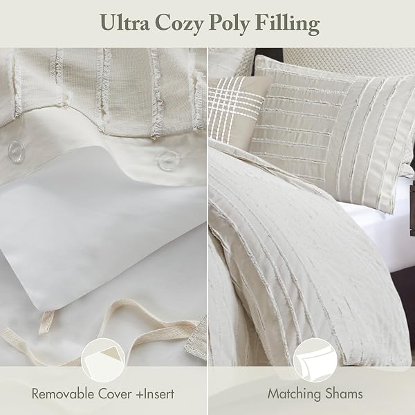 MADISON PARK QUEEN COMFORTER SET CLIPPED JACQUARD STRIPES WITH BUTTONS BOHO COMFORTER FOR A QUEEN-SIZE BED, COTTON OVERSIZED COMFORTERS WITH REMOVABLE COVER BOHO BEDDING, QUEEN IVORY 8 PIECE