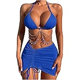 COZYEASE Women's 3 Piece Bikini Set Backless Halter Neck Triangle Chain Swimsuit Set with Beach Skirt