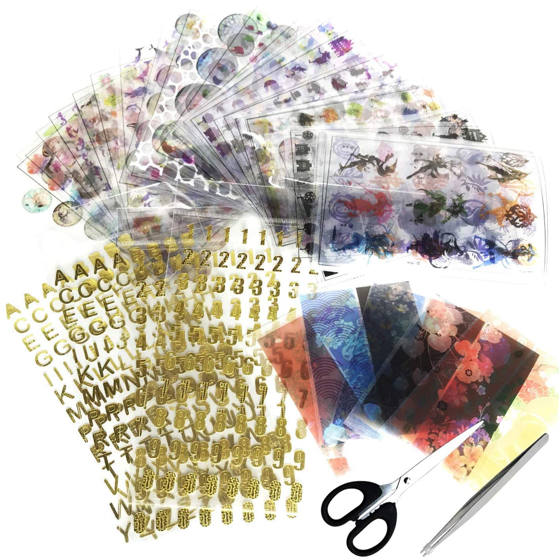Woohome 39 Pieces Resin Sticker Kit, 37 Pieces Holographic Magic Circles Transparent Decorating Stickers and Scissors Tweezers for UV Resin Crafts