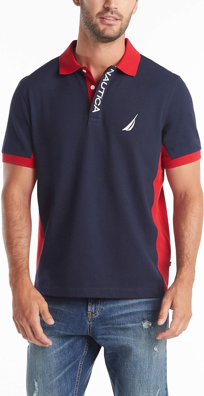 Nautica Men's Short Sleeve Color Block Performance Pique Polo Shirt