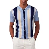 Kallspin Men's Vintage Knit Polo Shirt Short Sleeve Striped Button Down Knitting Golf Shirts