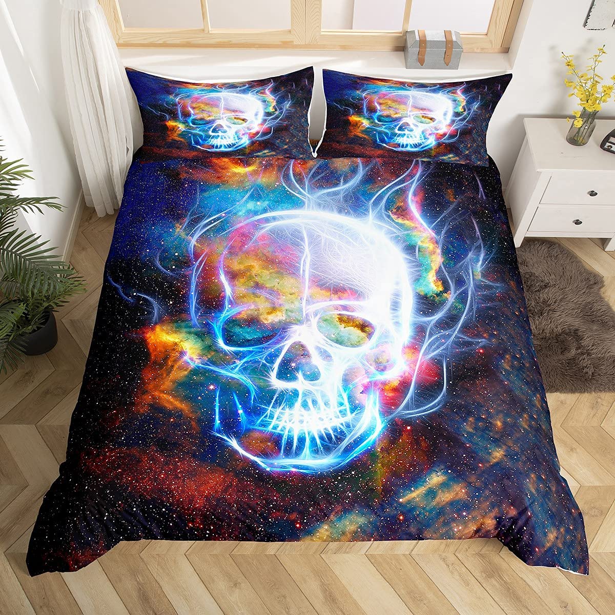 Skull Comforter Cover Double Bright Blue Flame Bedding Set Skeleton Pattern Decor 3 Pieces Galaxy Duvet Cover Set Starry Sky Bedspread Cover with 2 Pillowcase Hidden Zipper Bones Skull Lightweight — image 1