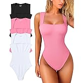 OQQ Women's 3 Piece Bodysuits Sexy Ribbed Strappy Square Neck Sleeveless Tummy Control Tank Tops Bodysuits