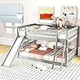 Full Over Full Bunk Beds for Kids, Low Bunk Bed with Slide and Ladder, Kids Bunk Beds with Full-Length Guardrail and Salts, Wood Bunk Bed Full Over Full, Gray Bunk Bed Full Size
