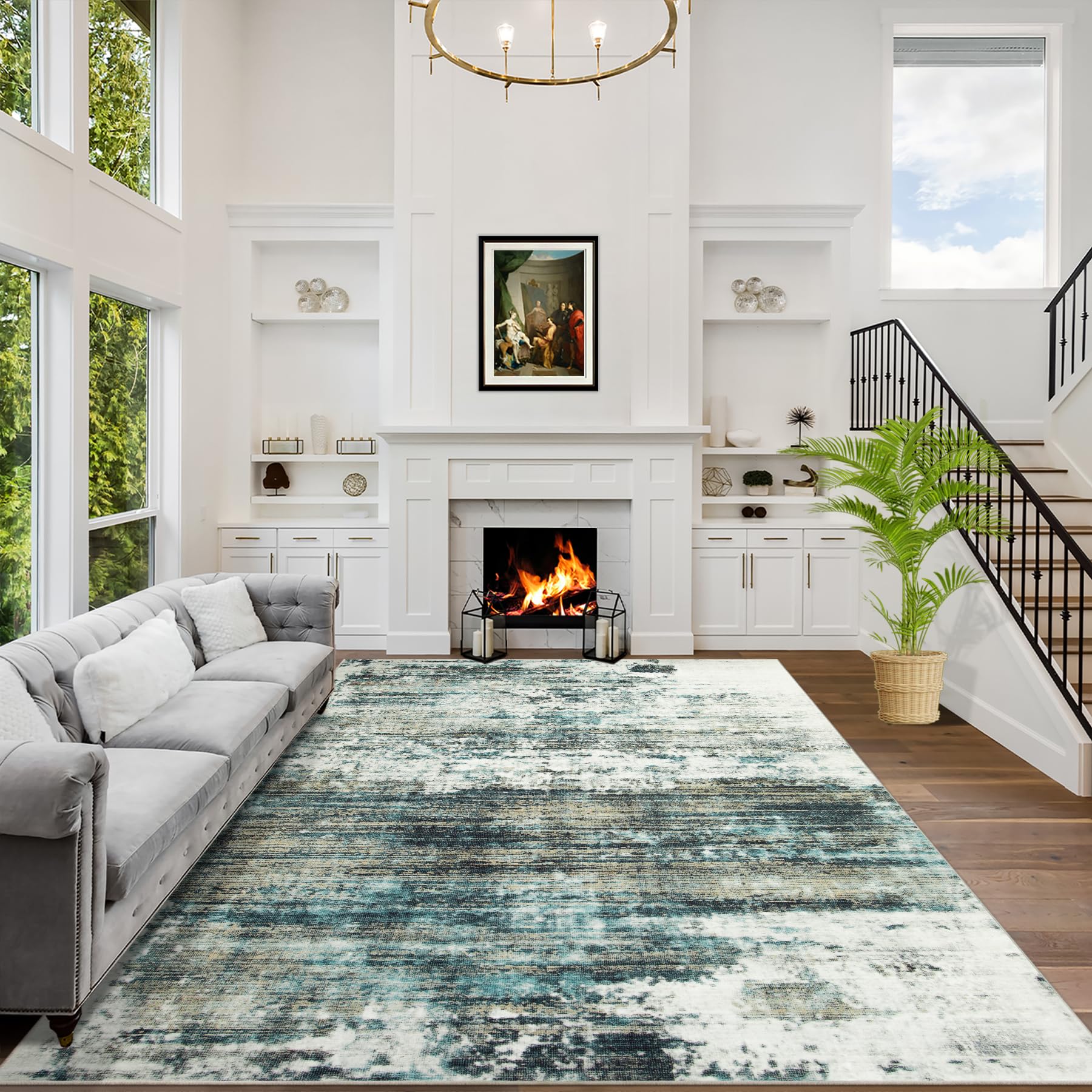 6x9 Area Rugs Washable Rug: Large Modern Abstract Living Room Rug Soft Anti-Skid Thin Carpet Indoor Floor Non-Shedding Carpets for Bedroom Dining Room Farmhouse Nursery Home Office Green Multi Image