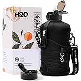 H2O Capsule 2.2L Half Gallon Water Bottle with Storage Sleeve and Removable Straw – BPA Free Large Reusable Drink Container with Handle - Big Sports Jug, 2.2 Liter (74 Ounce), Jet Black