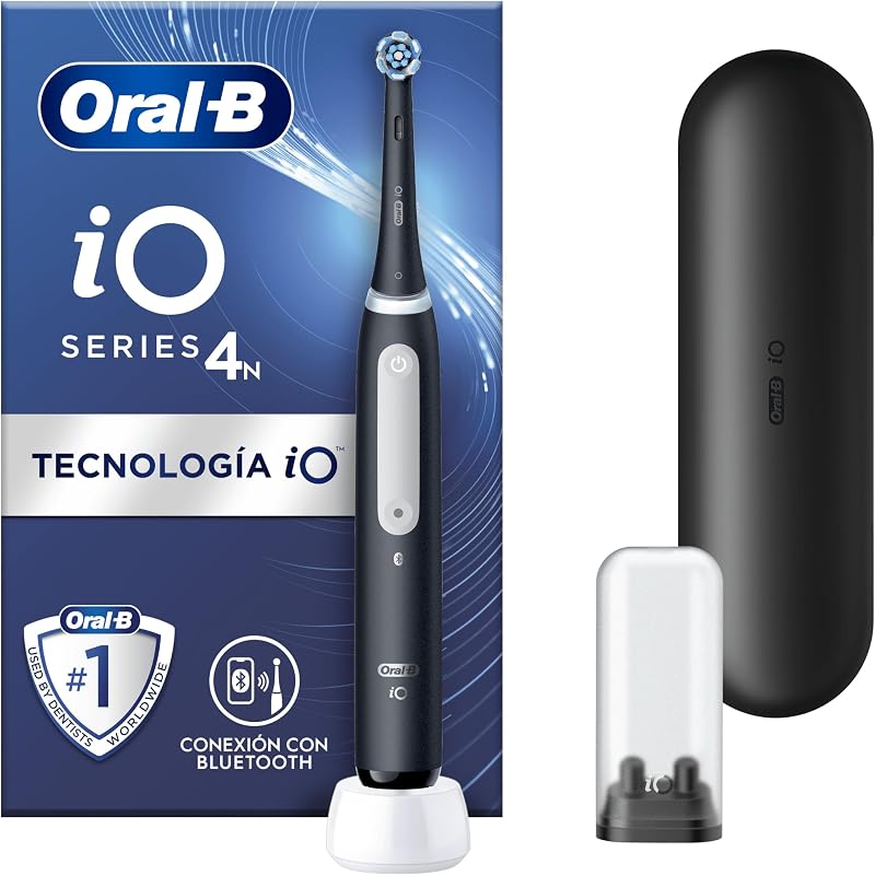 Escova de dentes elétrica Oral-B iO 4N com pega recarregável, 1 cabeça e estojo de viagem, desenhada por Braun - Preto