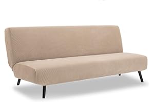 TIANSHU Stretch Futon Cover Armless Sofa Bed Cover, Anti-Slip Protector for Couch Without Armrests, Spandex Jacquard Fabric Futon Slipcovers (Sand)