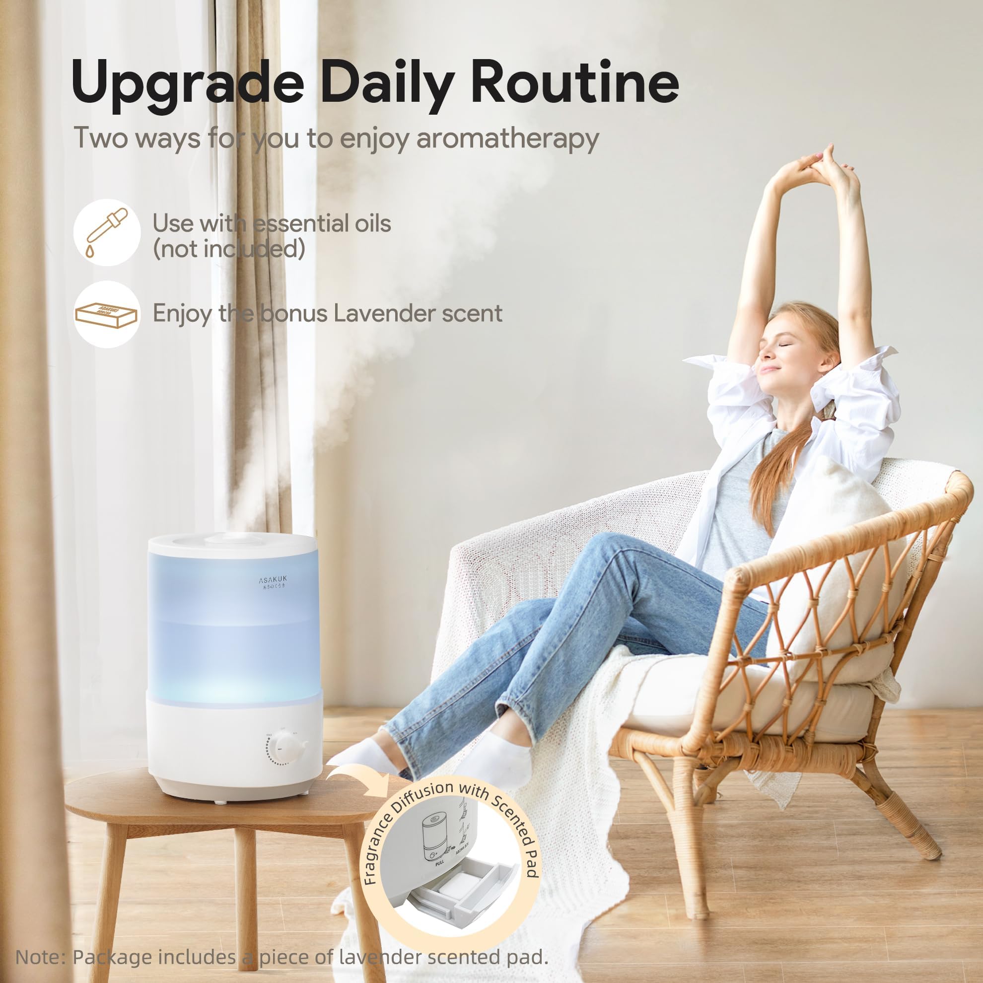 ASAKUKI Humidifiers for Bedroom, 3L Top Fill Cool Mist Air Humidifier & Aroma Diffuser with Night Light for Baby Nursery & Plants, Ultrasonic Quiet, Easy Clean, Auto Shut-Off, BPA Safe, 30H