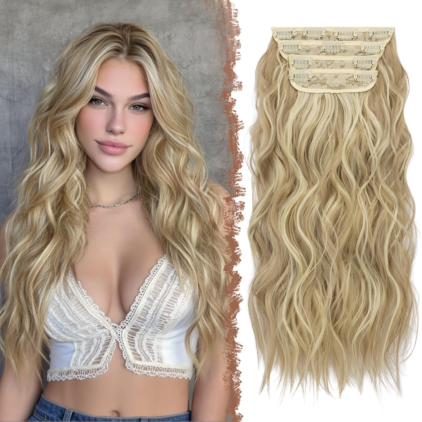 FESHFEN Clip in Hair Extensions 4PCS Dirty Blonde Thick Hair Piece Long Wavy Clip in Extensions Highlighted Full Head Synthetic Fiber Hairpieces for Women, 20 Inch 180g โ image 1