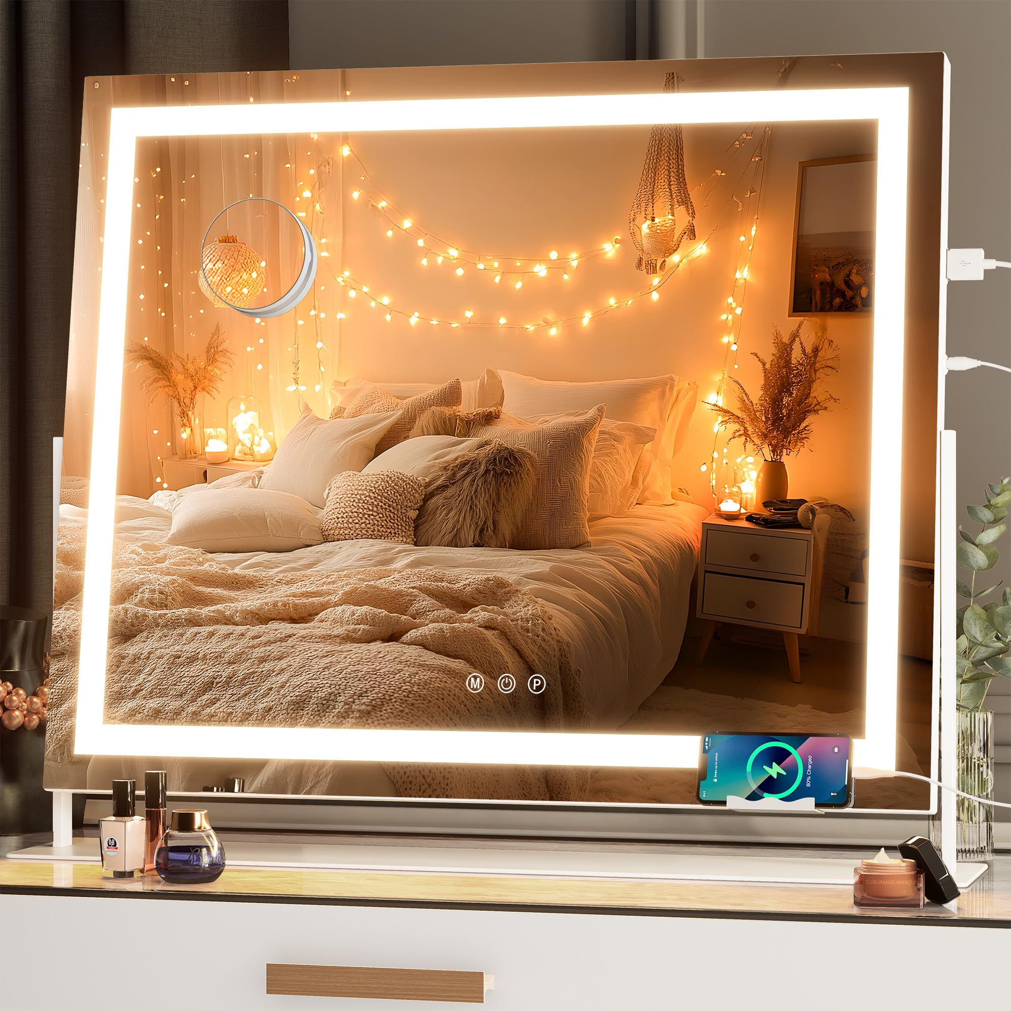 Photo 1 of Hasipu Vanity Mirror with Lights, 25.6" x 21.3" LED Makeup Mirror, Light up Mirror with 10X Magnification and Phone Holder, USB Charging Port, Smart Touch 3 Colors Dimmable, 360° Rotation (White)