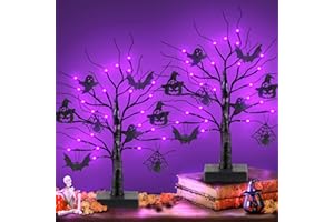 REGTEB 2 Pack 24 Inch Black Halloween Tree with 24 LED Purple Lights, Timer/USB/Battery Operated Halloween Table Decorations Lighted Tree, Cute Halloween Decorations Indoor Halloween Home Decor Party Room