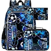 gxtvo 3PCS Boys Soccer Backpack, 17" Kids Football Bookbag with Lunch Box, Water Resistant Middle Elementary Preschool School Bag