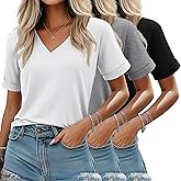 Huukeay 3 Pack V Neck T Shirts for Women Trendy Short Sleeve Shirts Loose Fit Soft Tops Dressy Casual Work Top Basic Tee