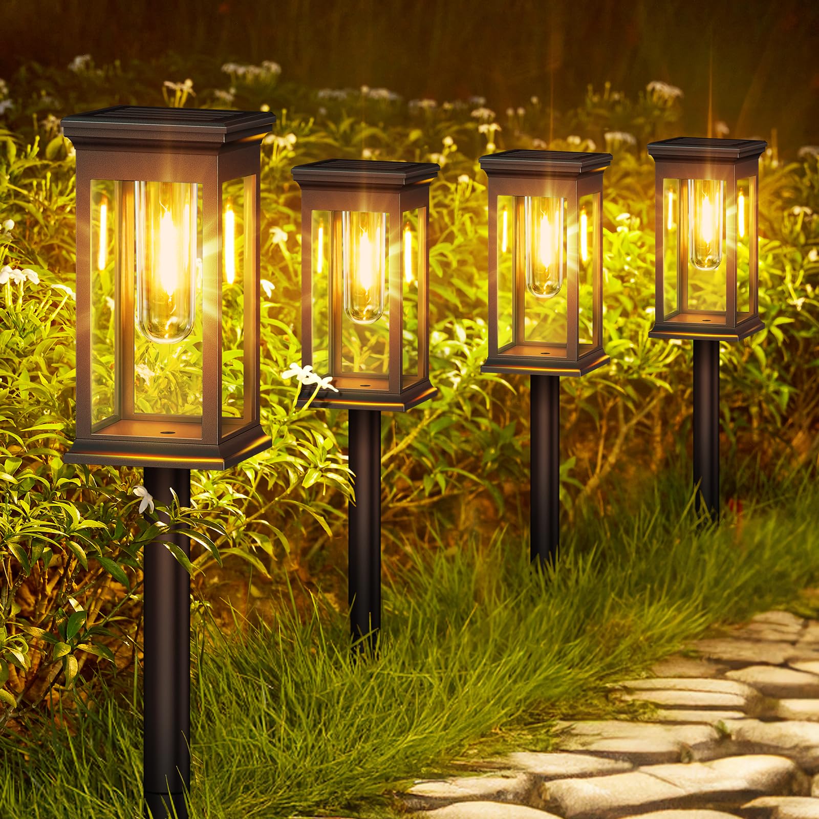 KOOPER Solar Lights Outdoor Garden, 4 Pack Upgraded Garden Lights Solar Powered Waterproof, Auto On/Off Outdoor Light for Yard Pathway Patio Decorative Lawn