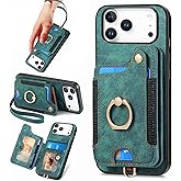 for iPhone 17 Pro Max Phone Case Wallet with Card Holder,PU Leather Flip Folio Case,RFID Blocking Ring Holder Kickstand Wrist Strap Magnetic Protective Women Men Cover for iPhone 17 Pro Max Green