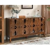 LKTART 60" Mid Century Modern Sideboard Buffet,Credenzas Storage Cabinet | Real Walnut Veneer Sideboard Buffet with Hollow Carved Doors,Vintage Accent Cabinet Credenzas Storage with Solid Wood Legs