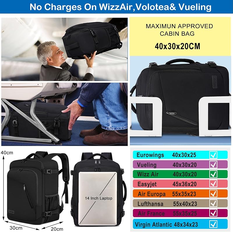 Bagage Cabine 40x30x20 pour Ryanair Wizzair Sac à Dos Voyage Cabine Avion