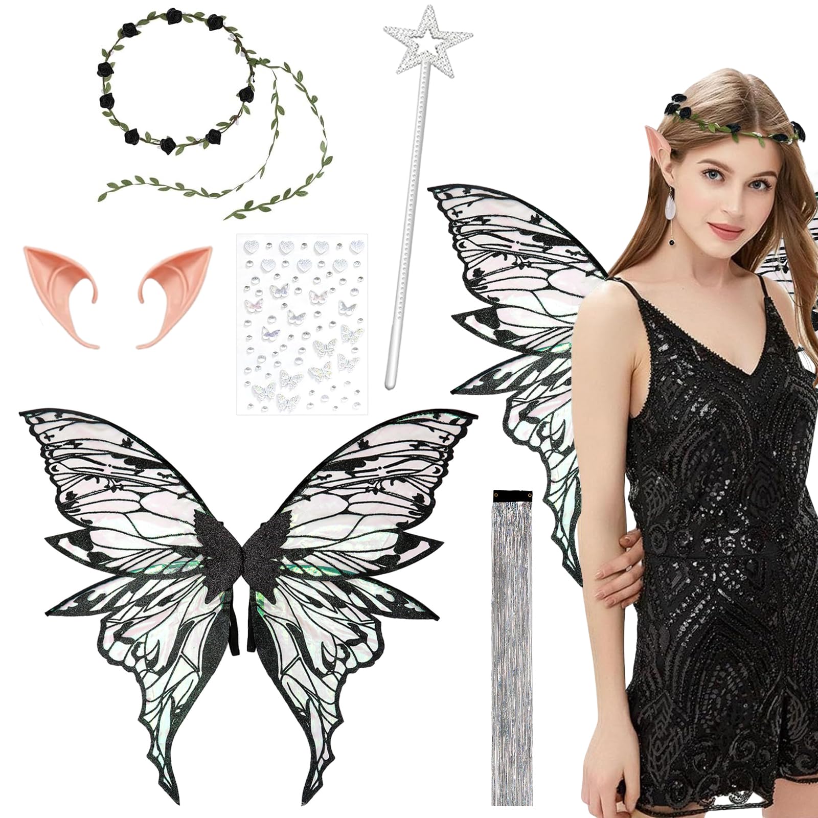 Fairy Wings, Black Butterfly Wings Adults, 6 PCS Angel Costume Accessories, Sparkling Sheer Wings with Flower Headband, Angel Princess Fancy Dress Up Costumes for Halloween Party Cosplay