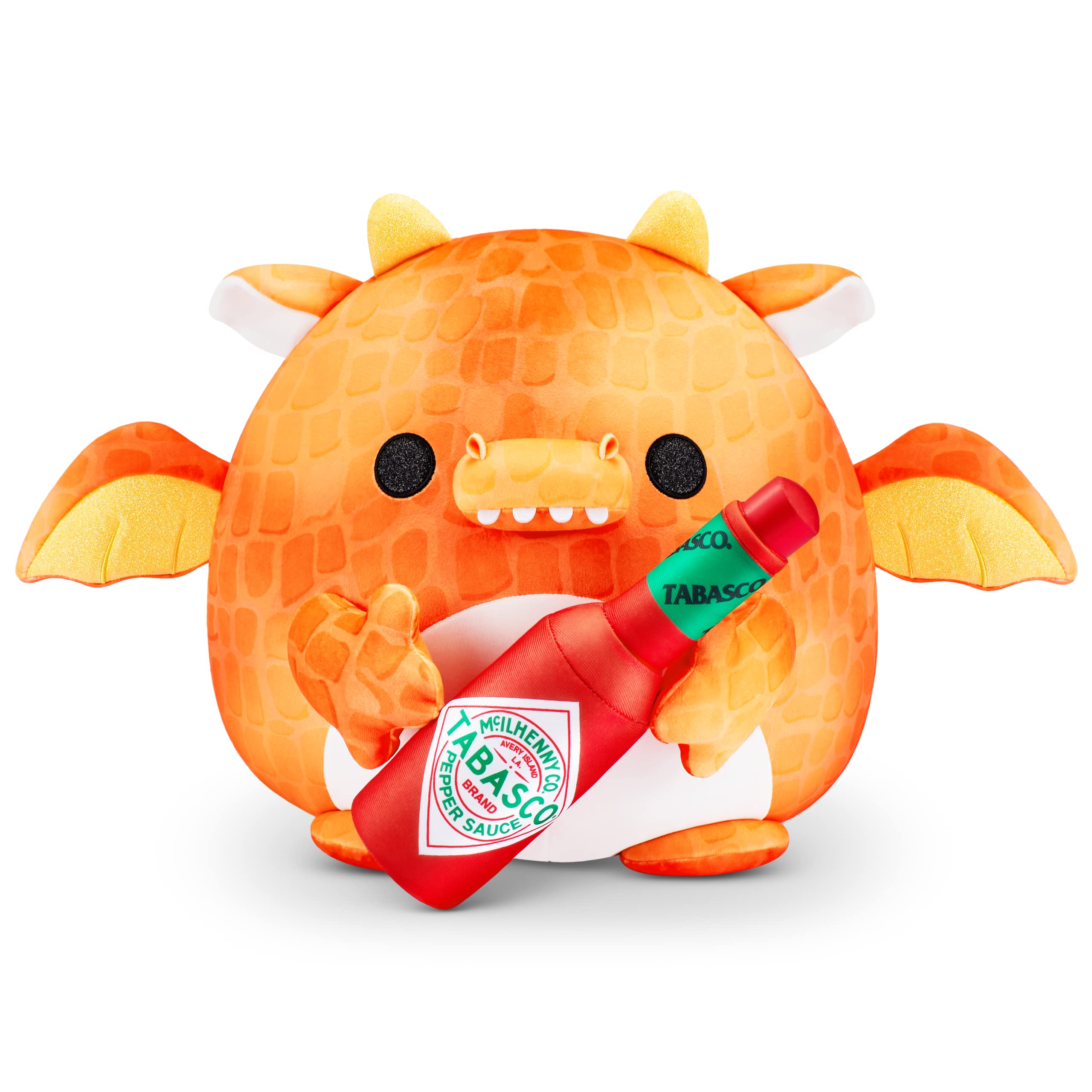 Snackles Series 1 Dragon (Tabasco), Surprise Medium Plush, Ultra Soft Plush, 28 cm, Collectible Plush with Real Brands (Dragon)