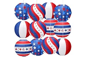 YIOTJUNL 4th of July Paper Lanterns, 12 PCS Independence Day Hanging Paper Lanterns Indoor Outdoor, Red White and Blue Patriotic American Stars and Stripes Lanterns Memorial Day Decorations.