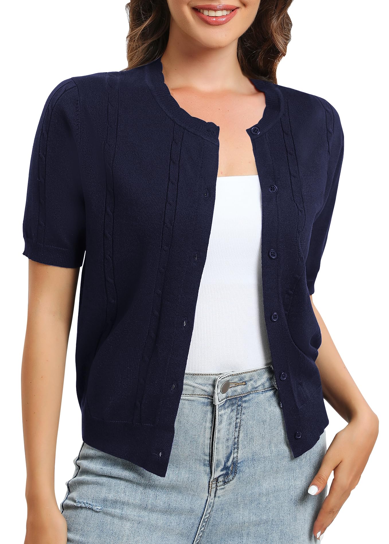 Photo 1 of Urban CoCo Women's Short Sleeve Round Neck Cropped Cardigan Sweater Lightweight Shrug Sweaters for Women(Navy Blue,M)