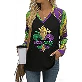 Mardi Gras Shirts for Women: Fat Tuesday Shirt V Neck Graphic Tshirt New Orleans Carnival Party Long Sleeve Tops