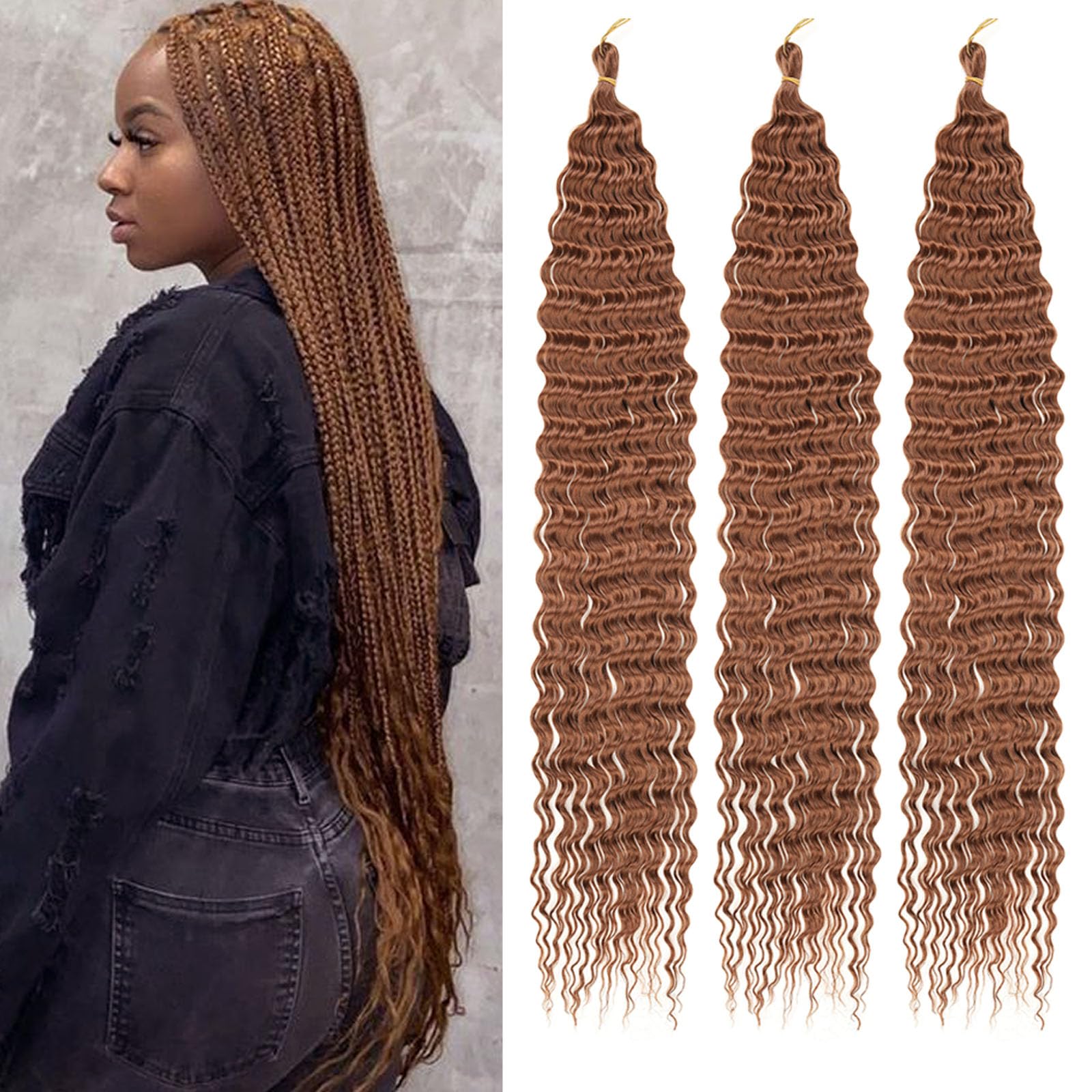 Samtress Ocean Wave Crochet Hair 30 Inch Deep Wave Curly Braiding Hair Extensions 3 packs Brown Ocean Wave Crochet Hair for Boho Crochet Box Braids Synthetic (#30) — image 1