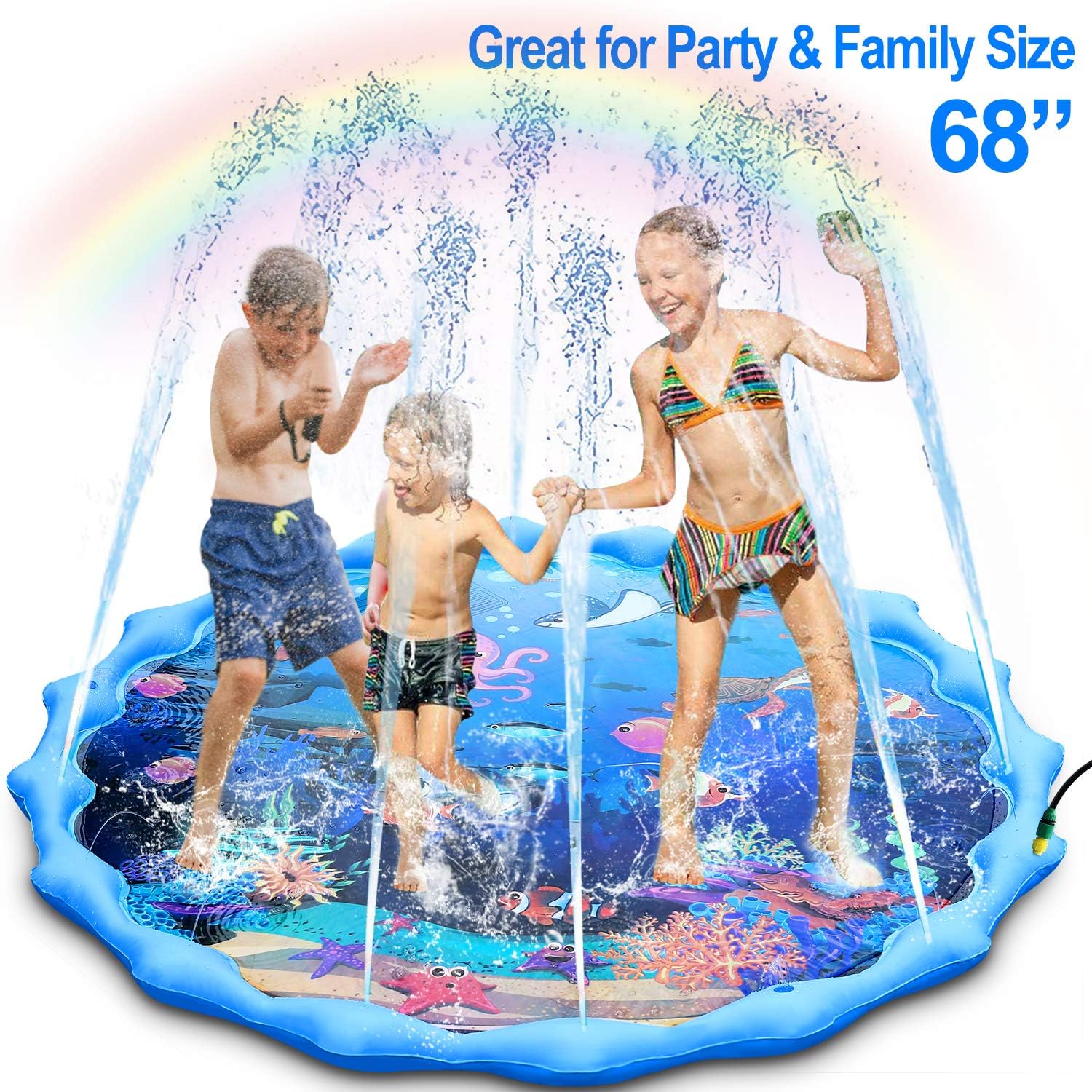 Sprinkler and Splash Pad, Large 68” Inflatable Sprinkler Pad Wading Pool, Outdoor Ocean Life Splash Play Mat Water Toy for 1-12 Years Old Toddlers Kids