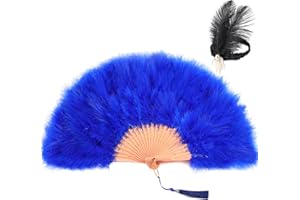 SOGUGOM Blue Feather Fan with Headband - Kitana Fan,Burlesque Accessories,Burlesque Marabou Feather Fans,Abanicos De Mano Para Fiesta for Party Decorations and Wedding Decorations(Royal Blue)