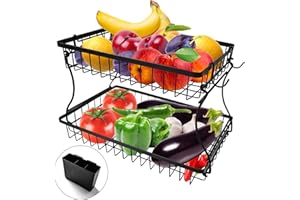 2 Tier Fruit Bowl Vegetable Basket with Banana Hanger for Kitchen Counter, Tiered Fruit Basket for Kitchen Countertop, Stainl