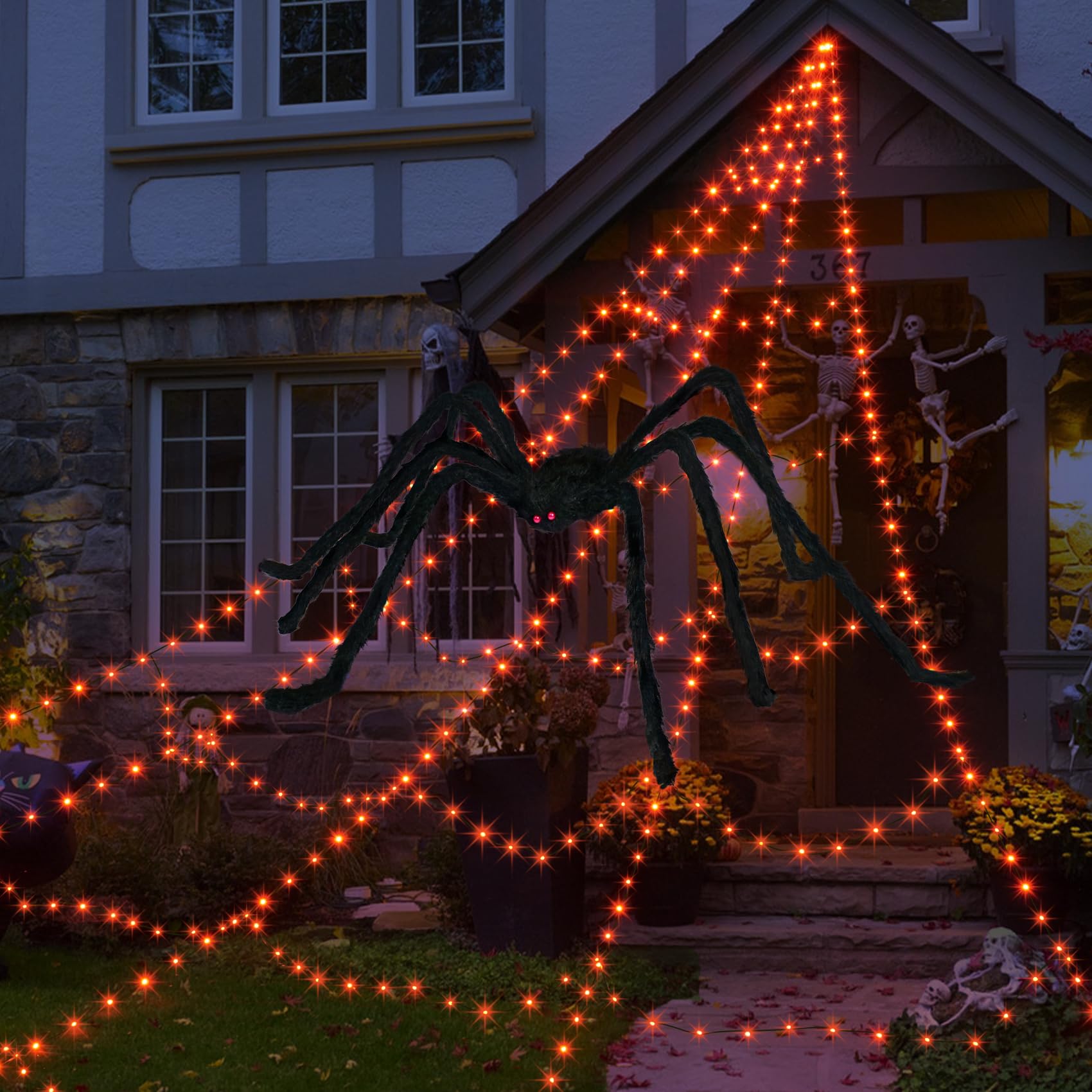 Photo 1 of ** MISSING LIGHTS **Spider Web Lights for Halloween Decorations Outdoor - 455LED, 59" Large Spider & 3.53oz Stretch Cobweb 16.4Ft Light Up Giant Spider Web with 8 Modes & Timer (Orange)