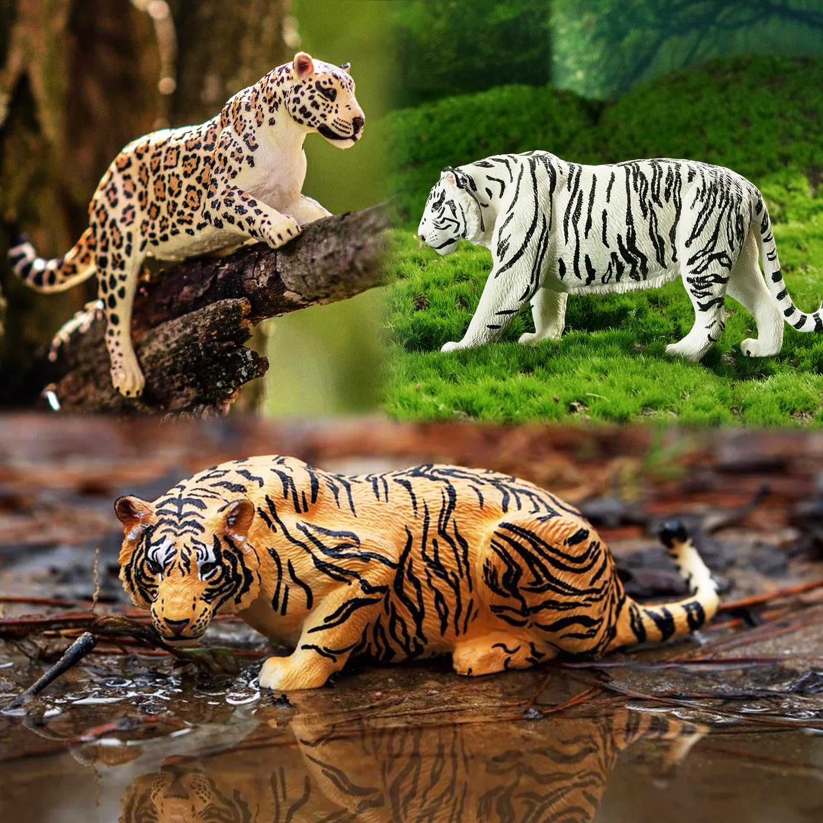 TOYMANY 12 Stück Großkatzen Dschungel Tiere-Figuren und Baumstamm Set,Realistische Löwen Tiger Geparden und Leopardfiguren, Plastiktiere Zoo Dschungel Wald Tierfiguren für Kinder 4