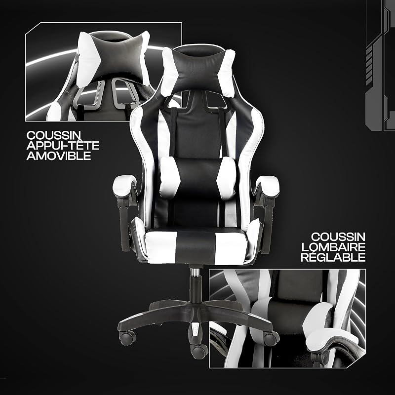Chaise de Gaming, Chase de Jeux Ergonomique Chaise de Bureau avec Confortable Dossier réglable, Appui-tête et Soutien Lombaire, Blanc
