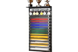 TL TONLOK 3 in 1 Karate and 12 Belts Taekwondo Belt Display Rack with Medal Hanger, Trophy/Photo Rack, and Felt Dustproof Design. (Never GIVE UP, 12 Belts)