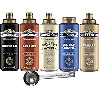 Ghirardelli Chocolate, Vanilla, White Chocolate, Caramel and Sea Salt Caramel Sauces, 16 oz Bottle of each with Ghirardelli S